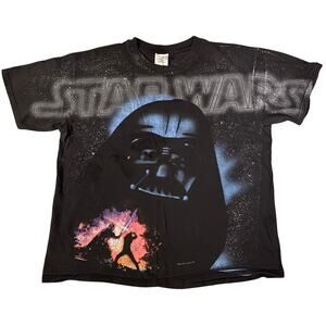 Vintage 1996 Star Wars Darth Vader AOP Spellout Movie Promo Faded Tee Size Large